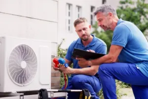 AC repair experts diagnosing potential issues.