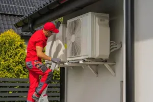 An AC repairman up on a ladder affecting a ductless mini split system. 