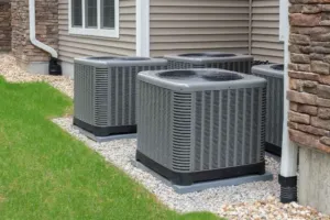 An AC repair company took a wide shot of multiple units that they just finished replacing.